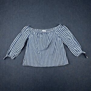 Vineyard Vines Off the Shoulder Top Womens Navy Blue Gingham Shirt Size 6